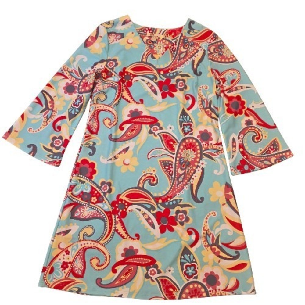 Retro Paisley Floral‎ S Shift Dress Bell Sleeves Retro 60s Hippie Mod Bold Teal